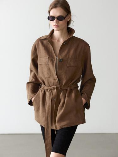 Zara Linen blazer with pockets and belt detail - Mink marl