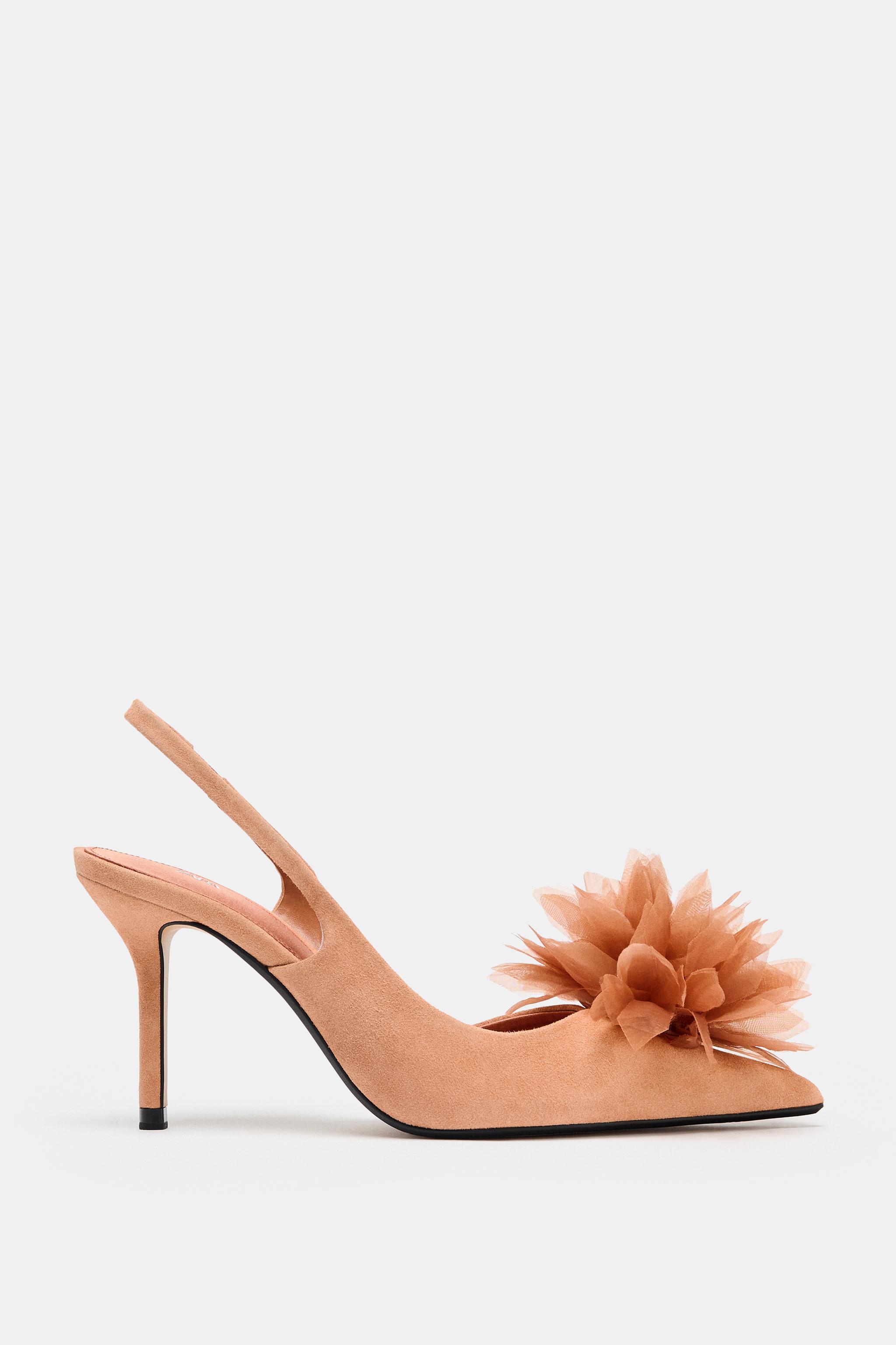 SPLIT SUEDE HEELS WITH FLOWER DETAIL — Blush