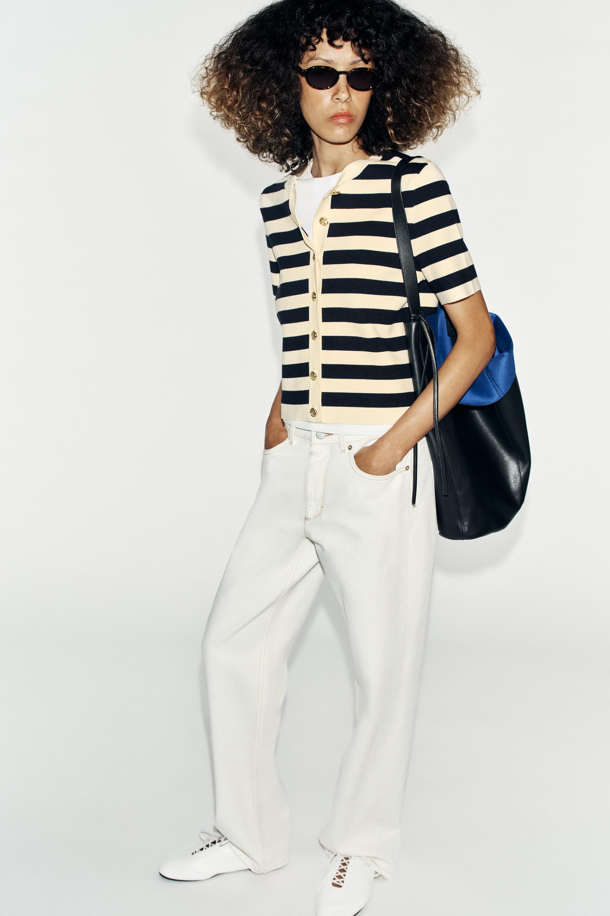 SHORT SLEEVE STRIPED CARDIGAN — Striped