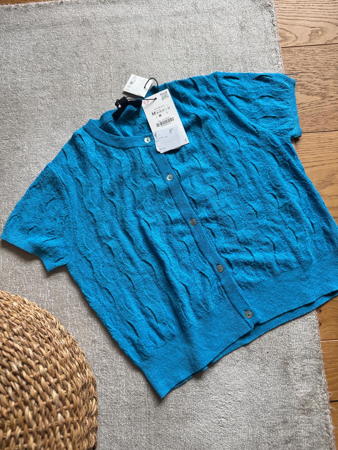 Blue cardigan with a ripple texture and buttons, on a grey rug. Price tags visible. Wooden and wicker background.