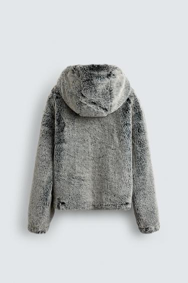 BLOUSON EFFET FOURRURE À CAPUCHE - Vert gris de Zara - Image 8
