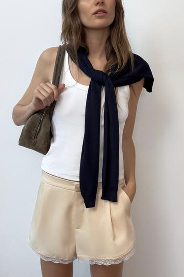 SATIN SHORTS WITH LACE TRIM - Vanilla by Zara