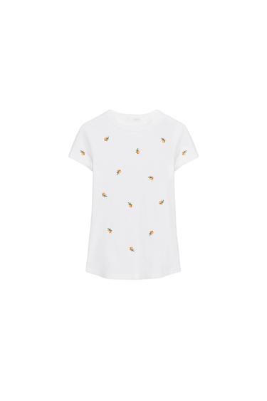 CAMISETA RIB MANGA CORTA BORDADOS - Blanco de Zara