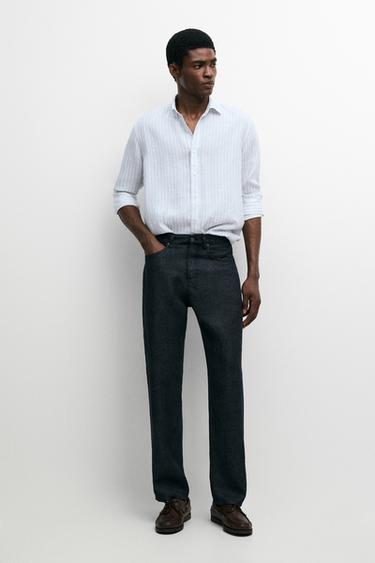 Zara Extra-fine 100% linen striped shirt - Green stripe - Image 0