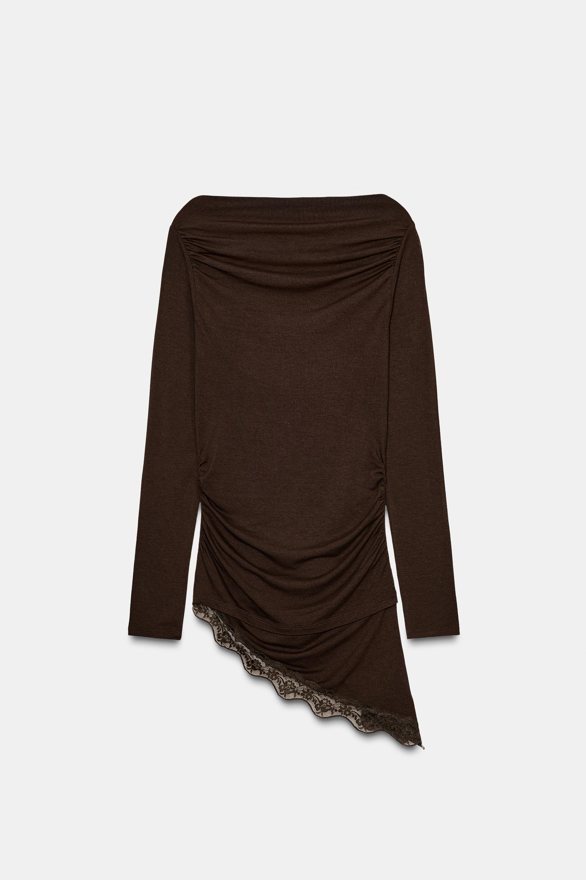 ASYMMETRIC HEM LACE T-SHIRT - Chocolate | ZARA South Africa