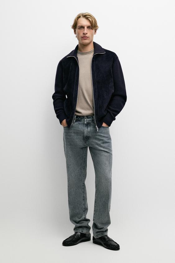 Veste en tissu combiné cuir et daim - Bleu marine de Zara - Image 0