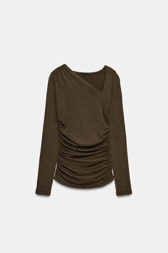 ASYMMETRIC NECKLINE T-SHIRT - Brown by Zara - Image 0