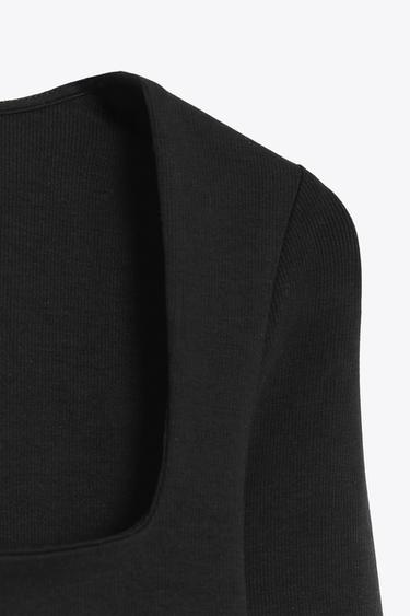 Zara RIBBED SQUARE NECK TOP - Black