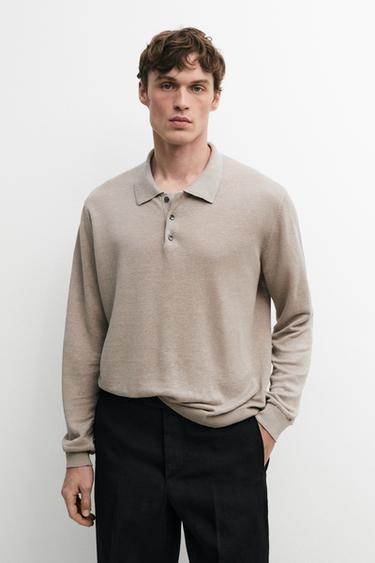 Zara 100% linen knit polo collar sweater - Stone
