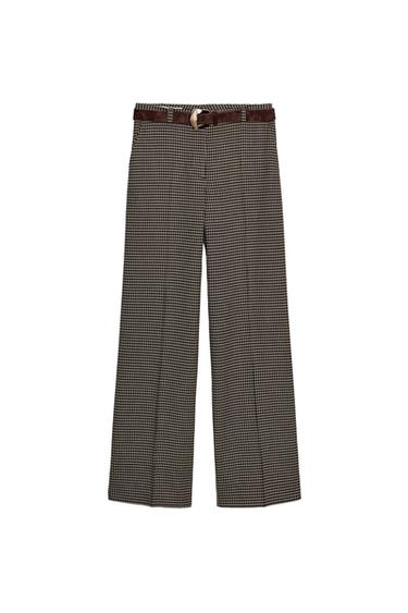 بنطلون مستقيم مربعات بحزام - بني / خام الخاص بـ Zara