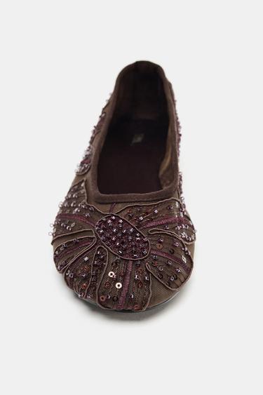 EMBROIDERED MESH BALLET FLATS - Brown by Zara - Image 4