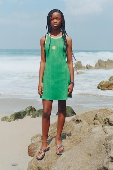 Zara EMBROIDERED SUN RIB DRESS - Green