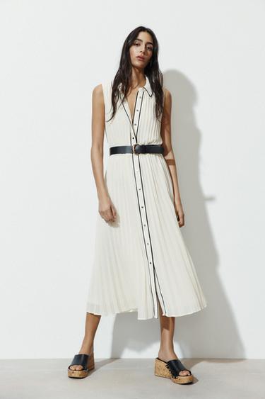 PLEATED BELTED MIDI DRESS - Ecru by Zara - Image 0