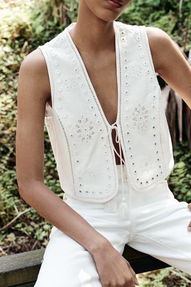 TOP GILET BRODÉ AVEC MIROIRS - Blanc de Zara - Image 1