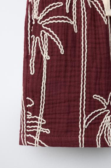 TEXTURED BERMUDA SHORTS WITH EMBROIDERED PALM TREES - Maroon by Zara - Image 3