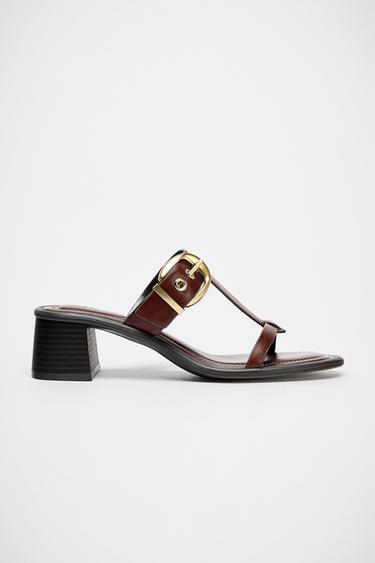 SANDALIA TACÓN ANCHO PIEL - Marrón de Zara