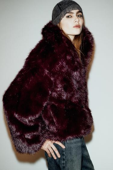 FAUX FUR JACKET WITH TOGGLE FASTENING - Burgundy by Zara