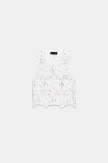 TOP DE TRICÔ DE CROCHÊ COM FLORES - Branco da Zara - Imagem 0