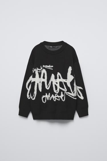 Zara GRAFFITI KNIT SWEATER - Black