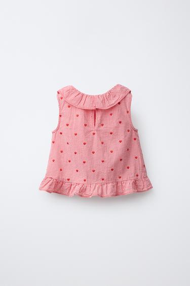 CHECK TOP WITH EMBROIDERED HEARTS - Reddish by Zara - Image 1