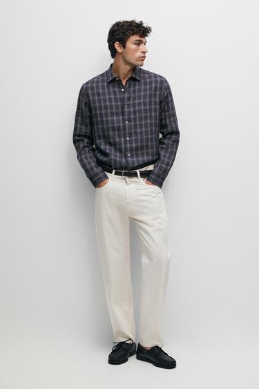 100% linen relaxed fit check shirt — Blue 1