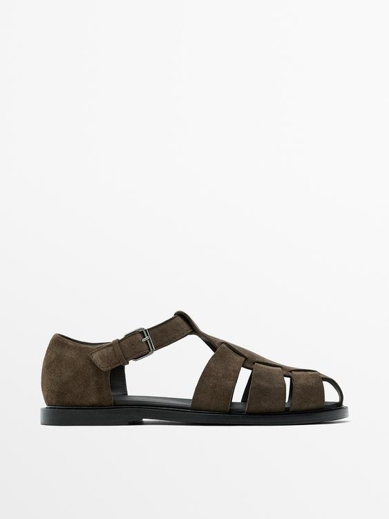 Leather cage sandals with split leather finish - Mink Gray | ZARA ...