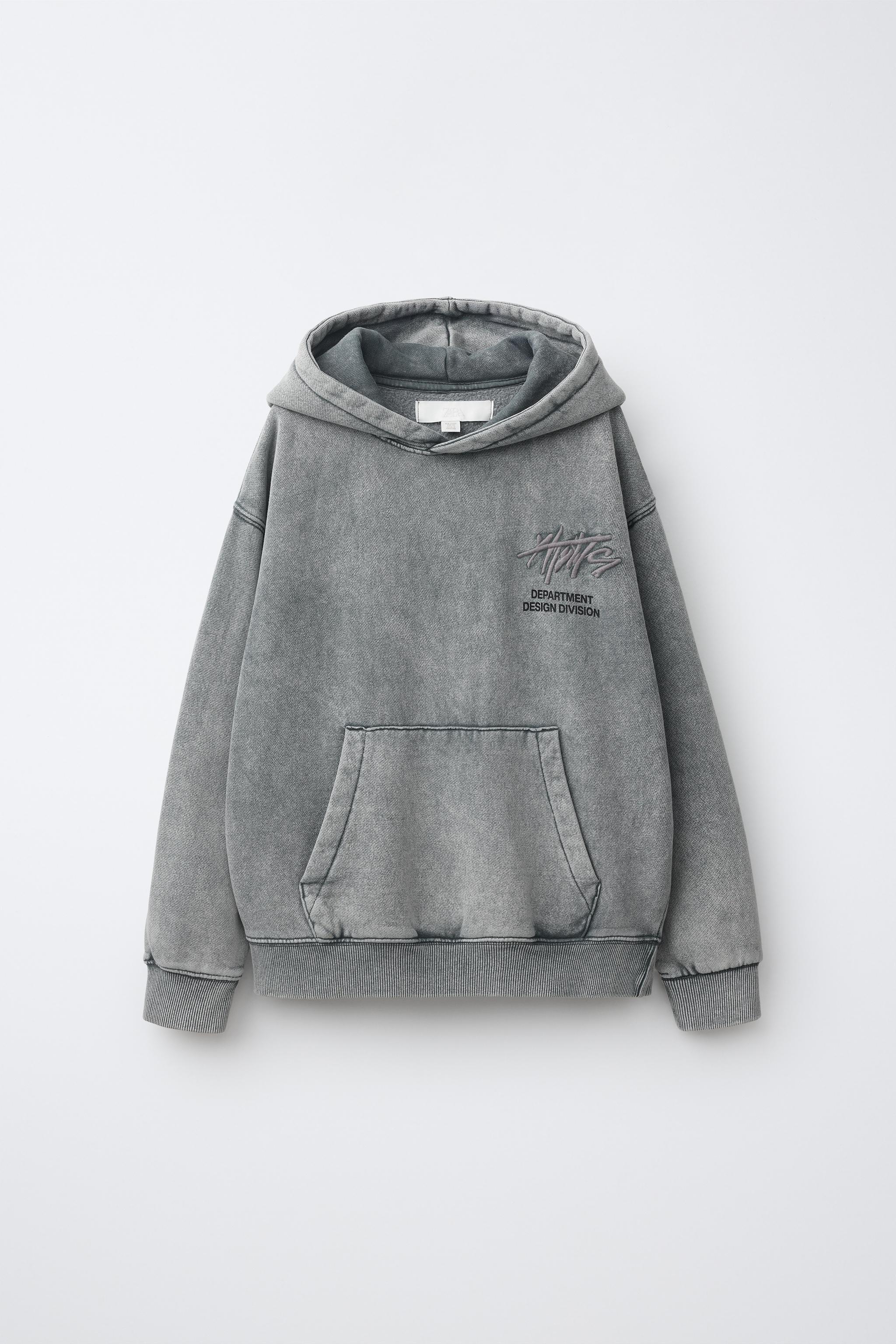 WASHED EFFECT HOODIE WITH TEXT — Gray