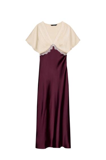 Front view of a burgundy midi dress with a V-neckline, short sleeves and lace on the bust. Side fastening with a concealed zip.