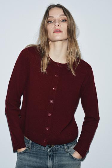 100% WOOL PLAIN KNIT CARDIGAN - Burgundy by Zara