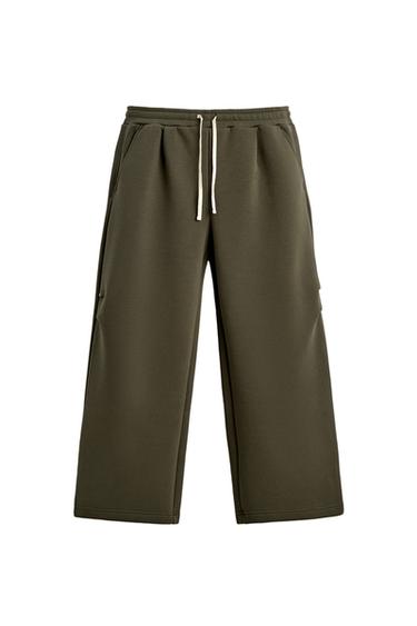 CALÇA DE PERNA LARGA COM EFEITO DE NEOPRENE E TACHAS - Verde-oliva da Zara