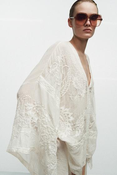 BLUZË PELERINË ME QËNDISJE ZW COLLECTION - Ngjyrë natyrale nga Zara