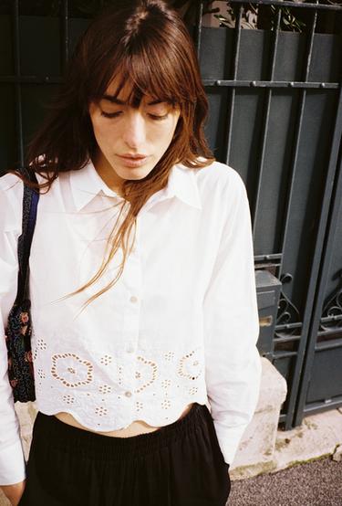 Zara EMBROIDERED EYELET CROPPED SHIRT - White