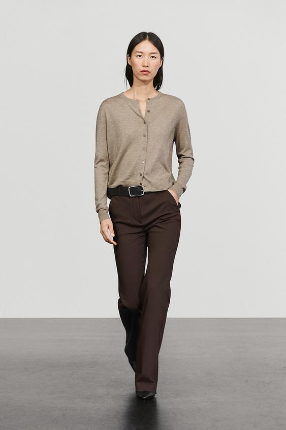 Zara Fine-knit round neck cardigan - Beige marl - Image 0