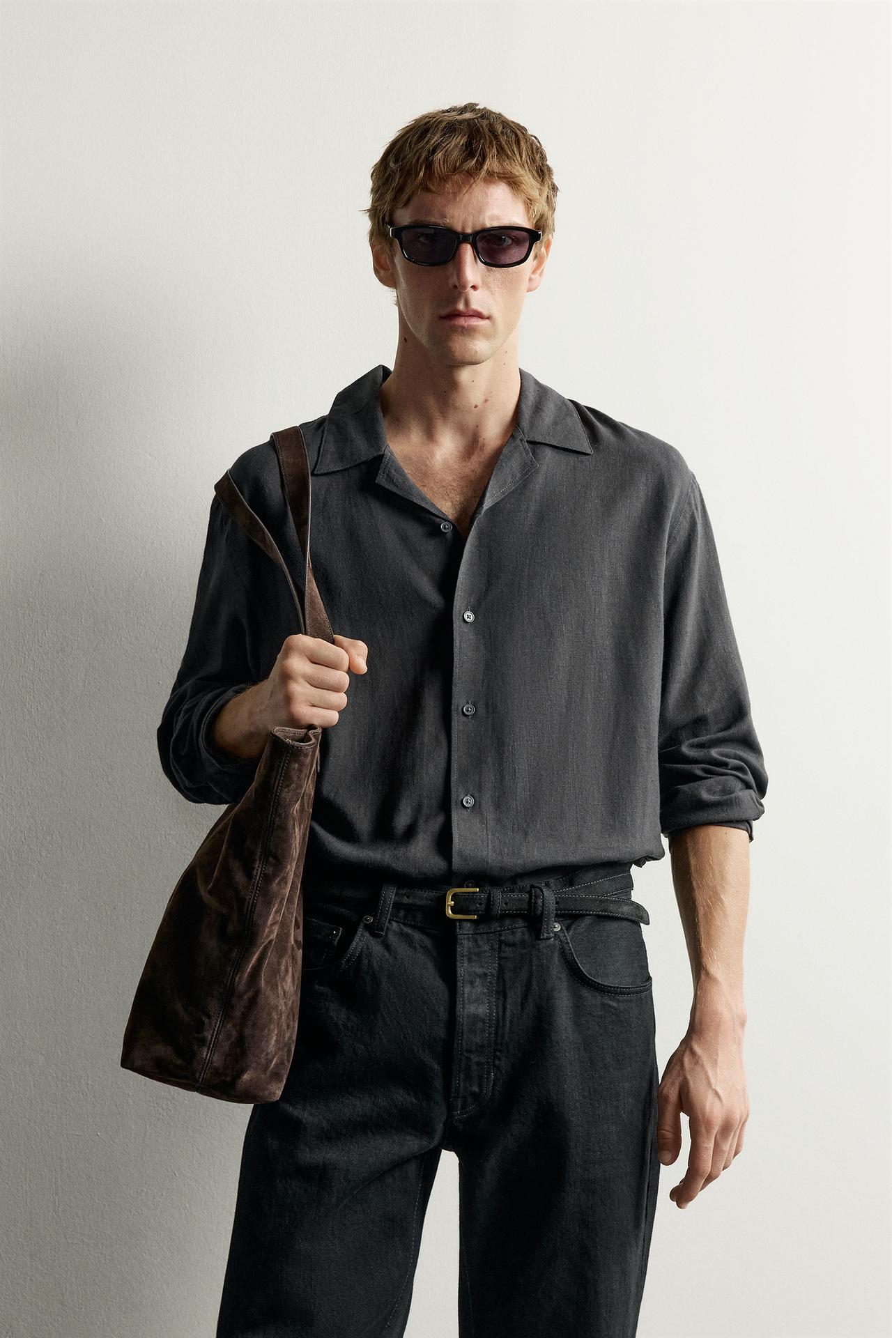 VISCOSE-LINEN BLEND SHIRT — Anthracite grey