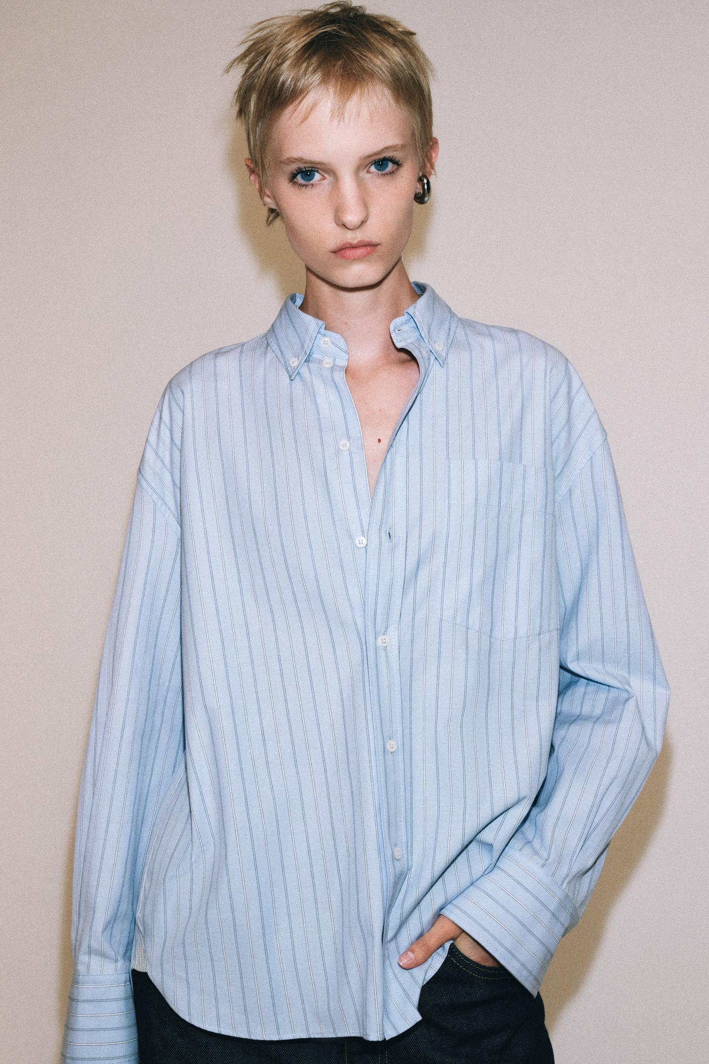 Женская рубашка Zara Striped Oxford Shirt ZW Collection, цвет: Небесно-голубой — фото 4