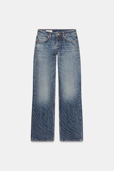 TRF LOW-RISE WIDE-LEG RHINESTONE JEANS - Blue by Zara