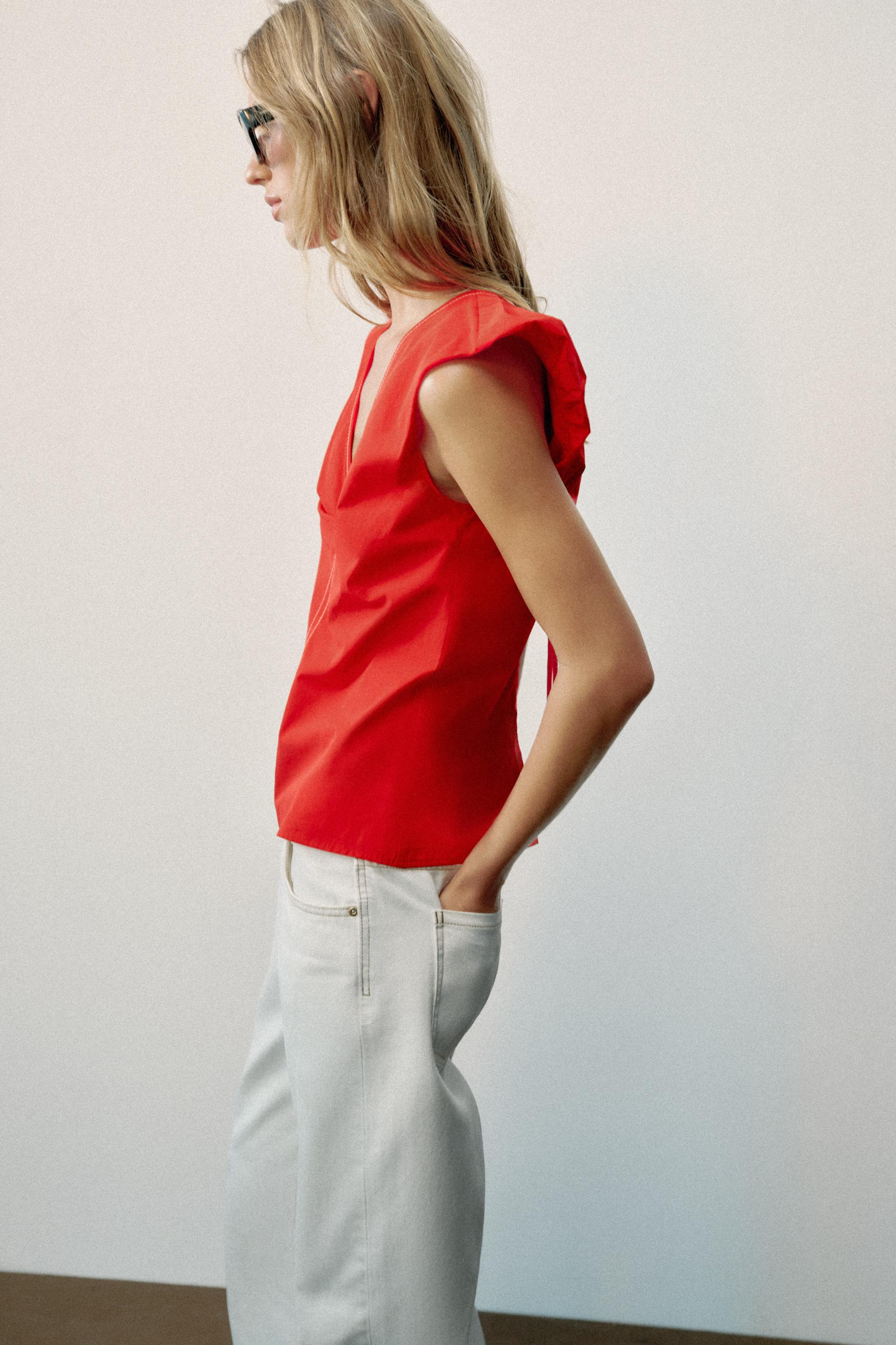 Женские рубашки Zara CONTRAST STITCH POPLIN TOP — фото 4