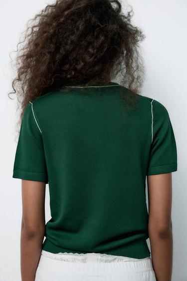 CONTRAST TRIM KNIT SWEATER - Green / Ecru by Zara