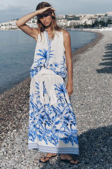 TROPICAL PRINT MIDI SKIRT - Ecru / Blue by Zara