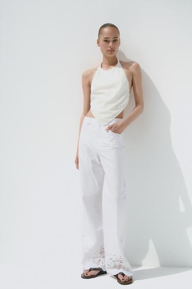 Zara EMBROIDERED STRAIGHT LEG PANTS - White
