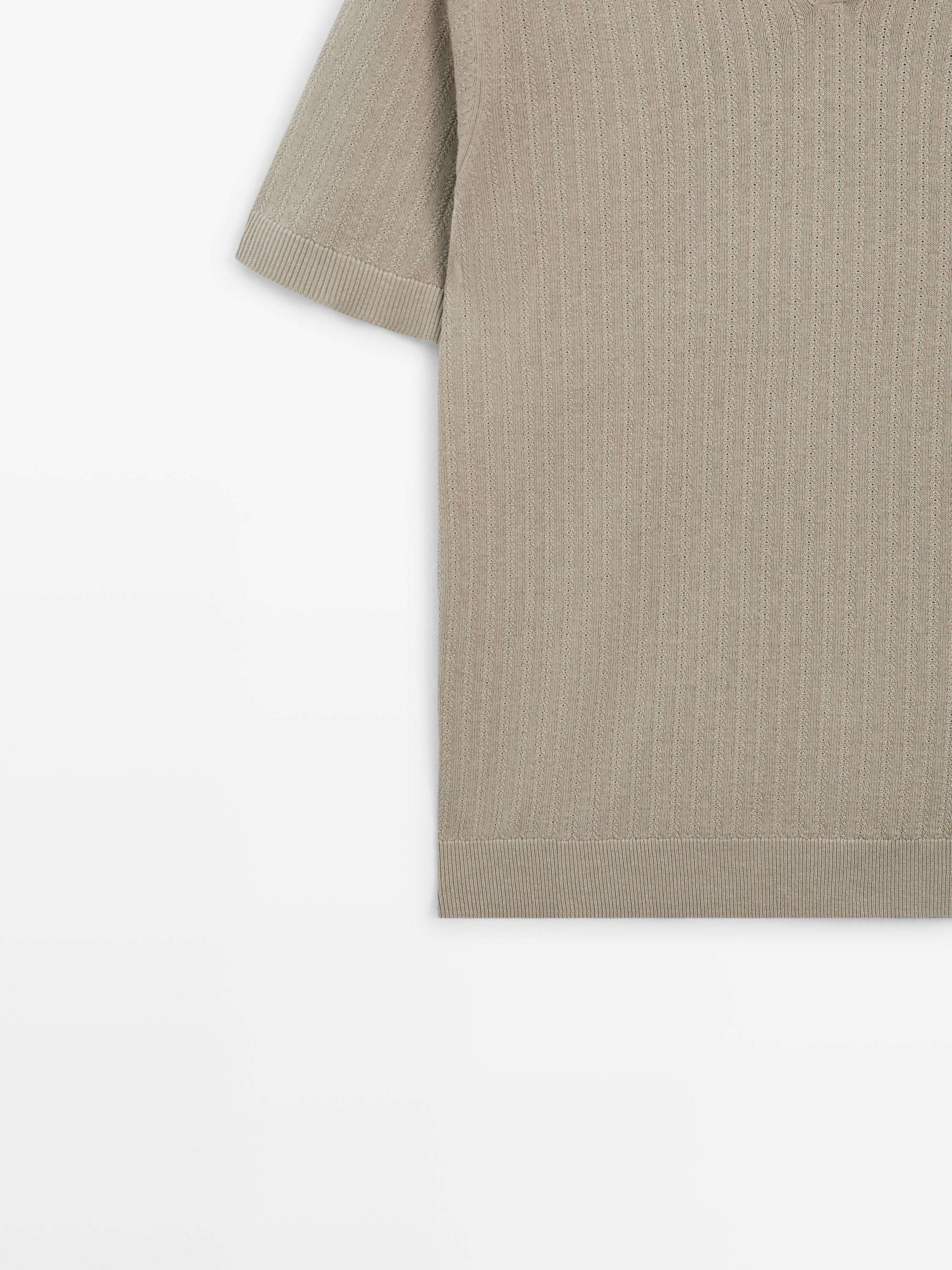 Cotton blend knit V-neck polo sweater