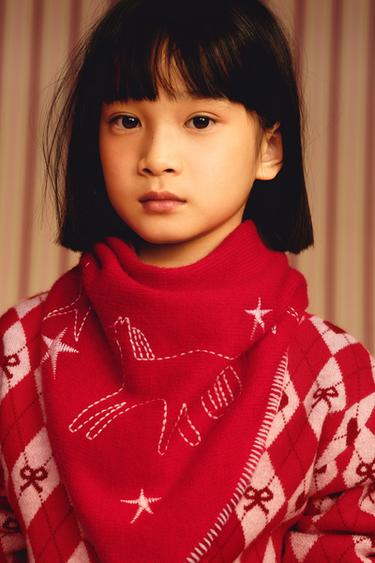 Zara 刺繡針織頭巾 - 紅色