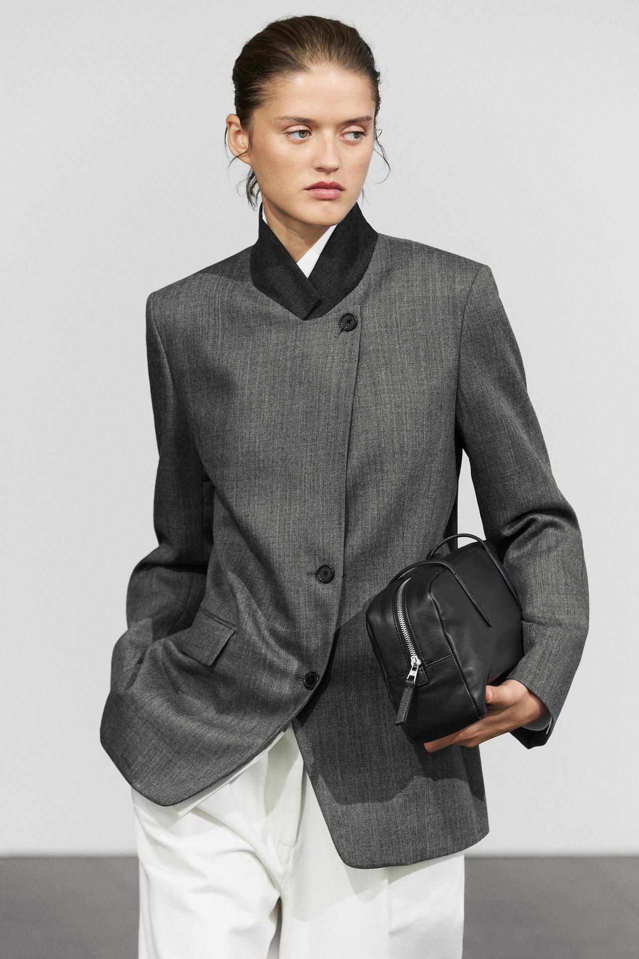 100% Wool Blazer with Contrasting Suede High Neck — Gray