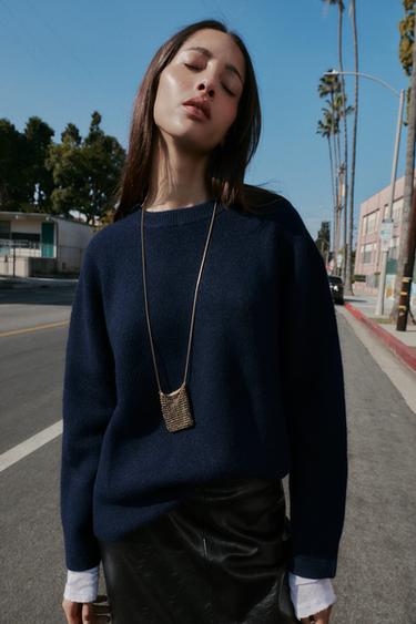 Zara PLAIN KNIT JUMPER - Navy blue