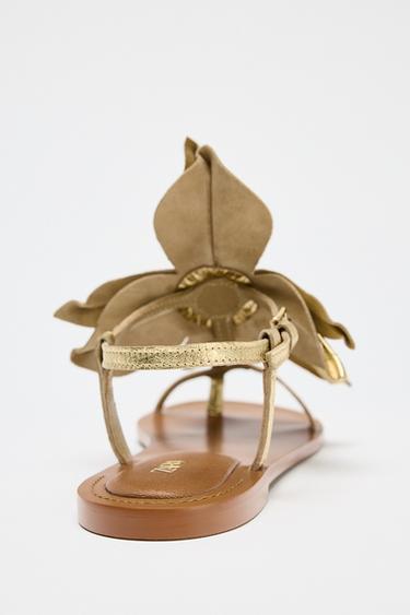 FLAT LEATHER SLIDER SANDALS WITH FLOWER - Gold by Zara - Image 5