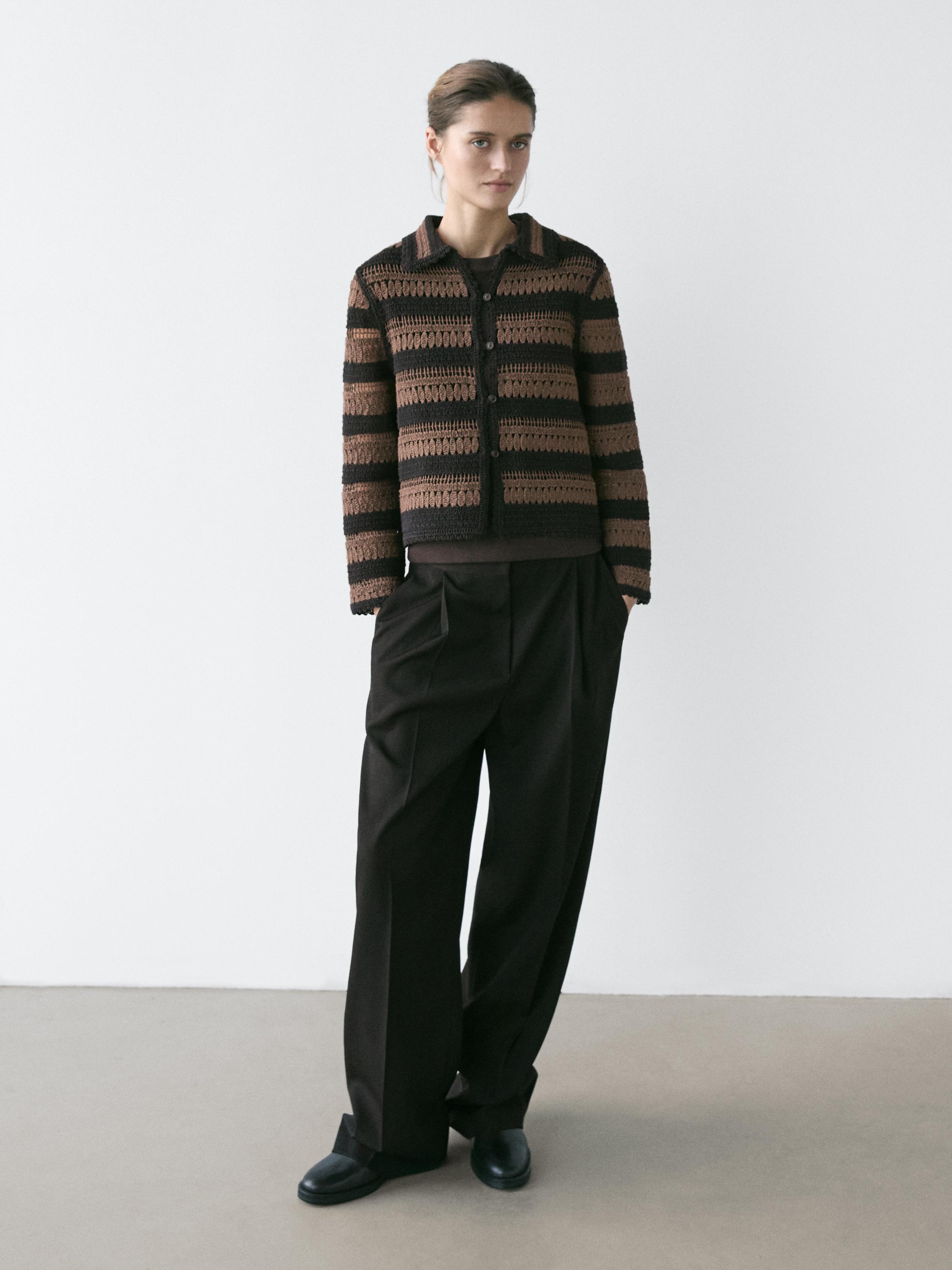 Short striped crochet knit cardigan