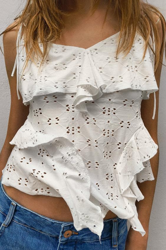 TOP À BRETELLES BRODERIE SUISSE - Blanc de Zara - Image 0