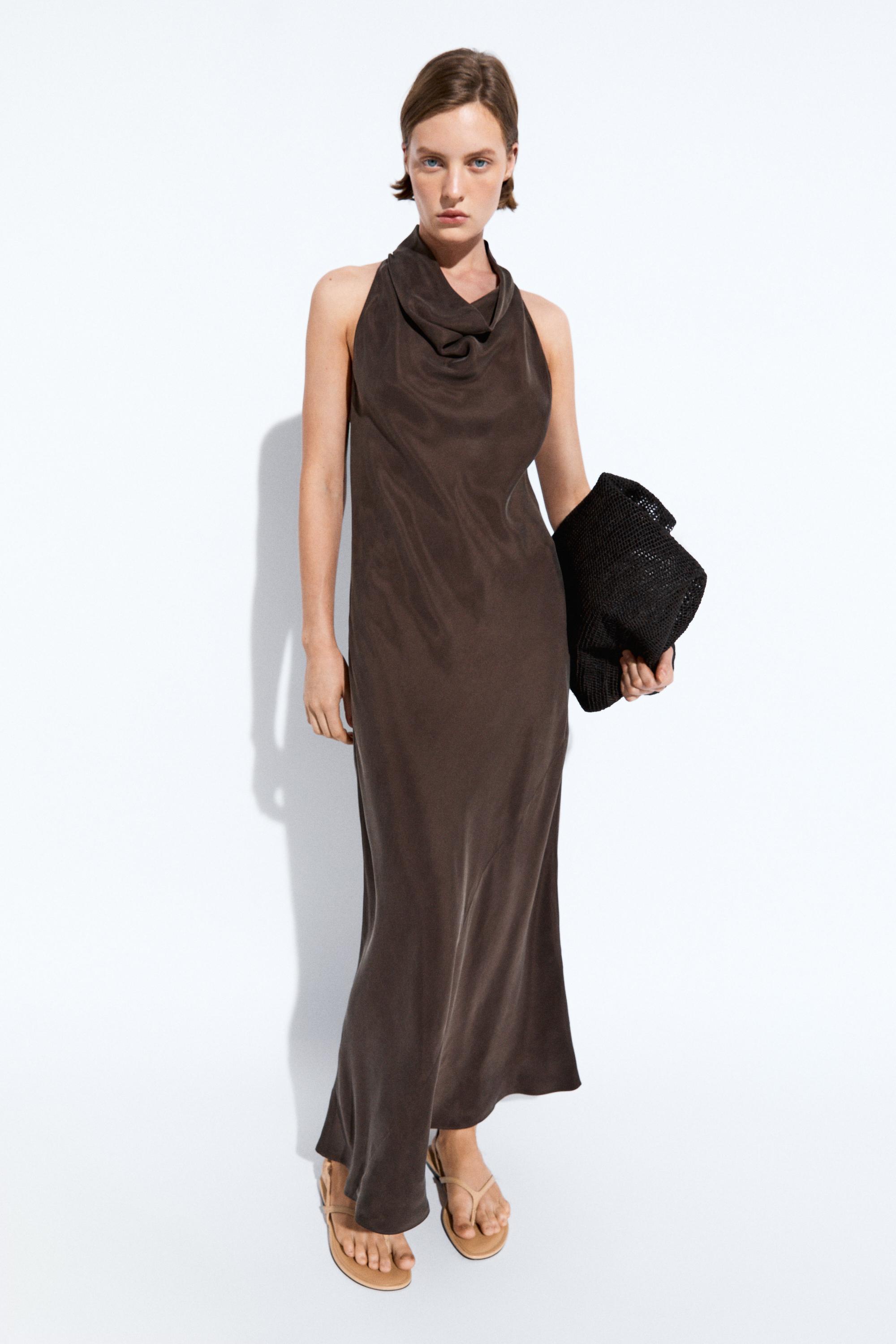 Draped neckline long dress — Brown