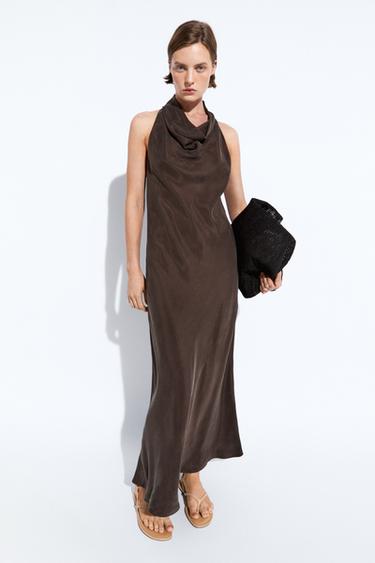 Robe longue à encolure drapée - Marron de Zara - Image 0