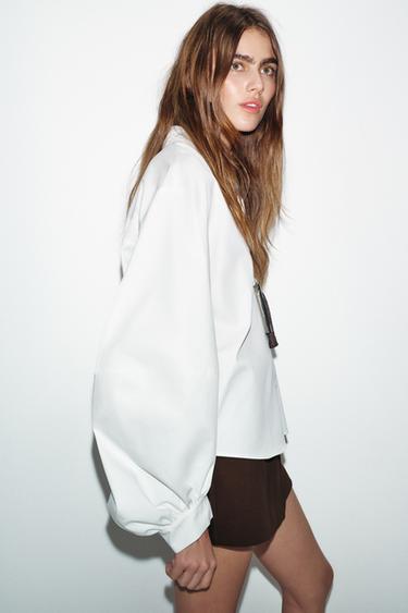 Zara PUFF SLEEVE POPLIN SHIRT - Oyster-white